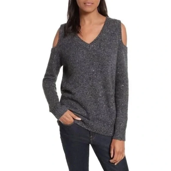 Rebecca Minkoff Marled Charcoal Knit Alpaca Wool Cold Shoulder V-Neck Sweater - Picture 7 of 13
